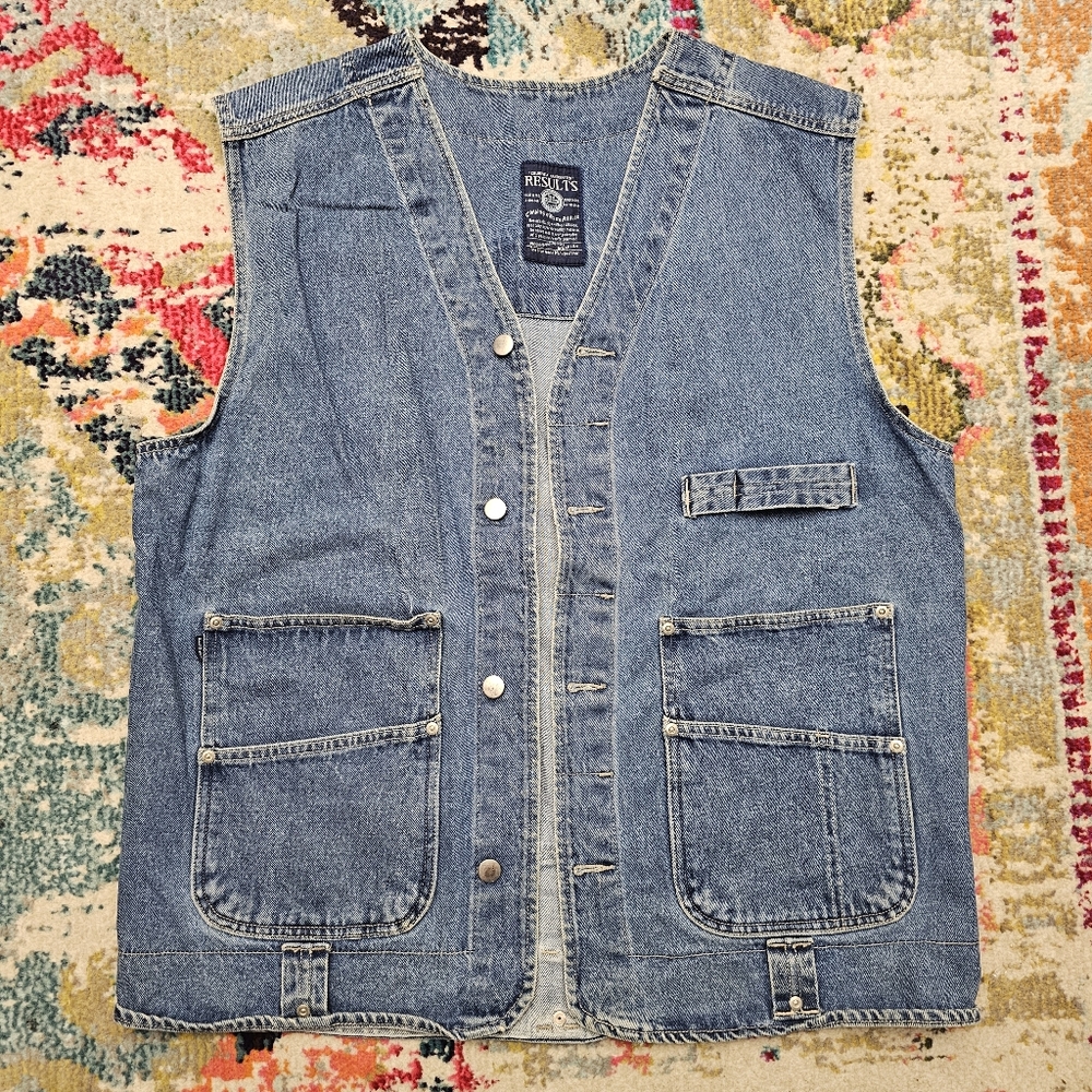 Vintage Radjam Results Denim Jean Utility Vest Mens Size Medium Button Down